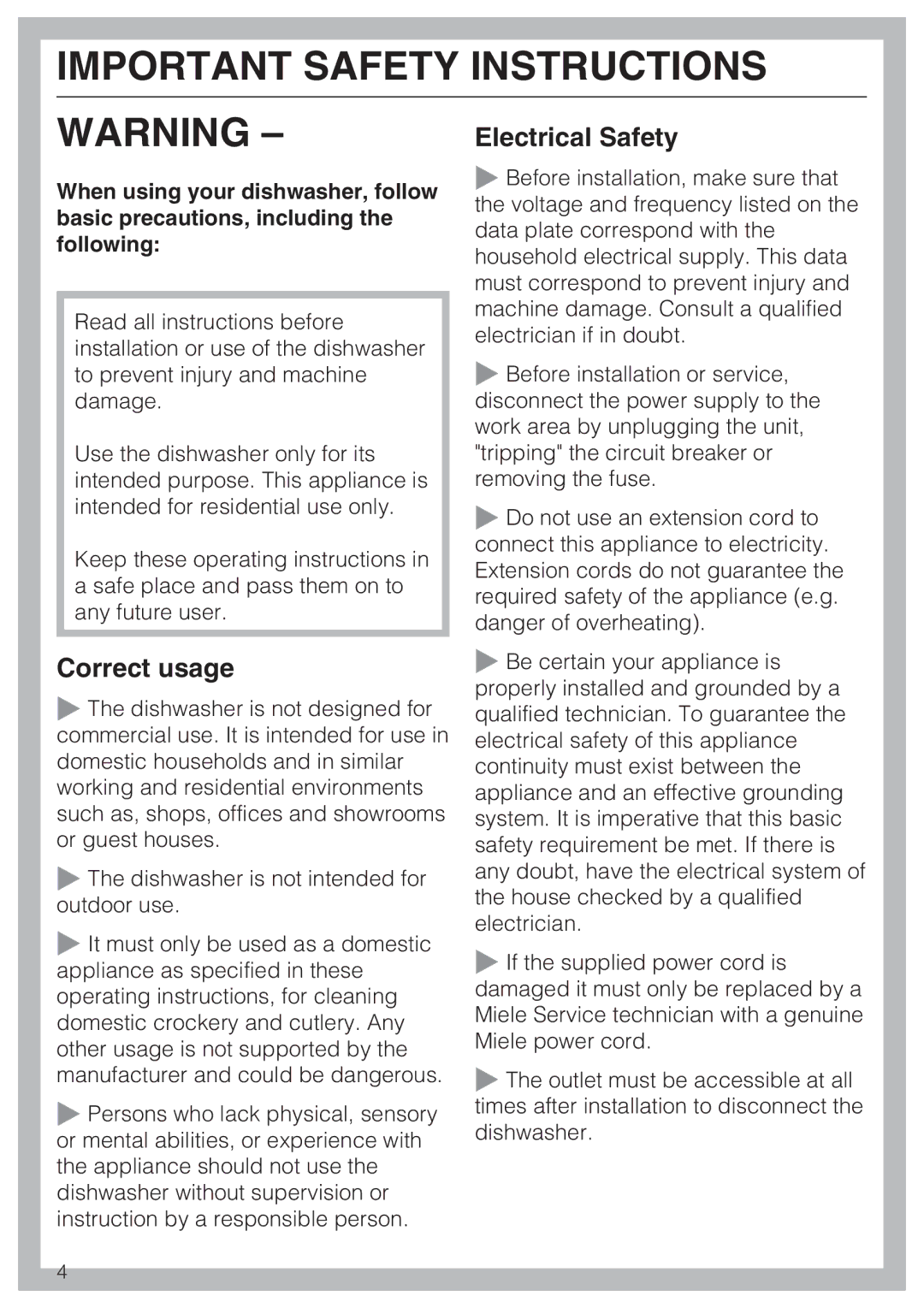 Miele G 4205 operating instructions Electrical Safety, Correct usage 