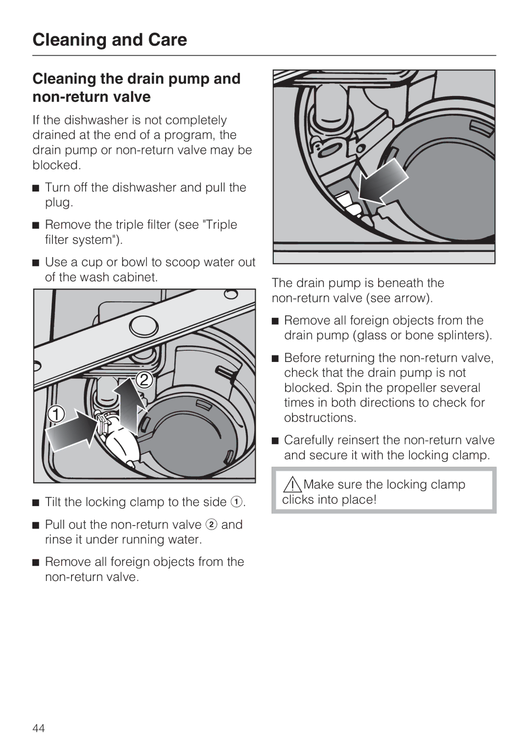 Miele G 4205 operating instructions Cleaning the drain pump and non-return valve 