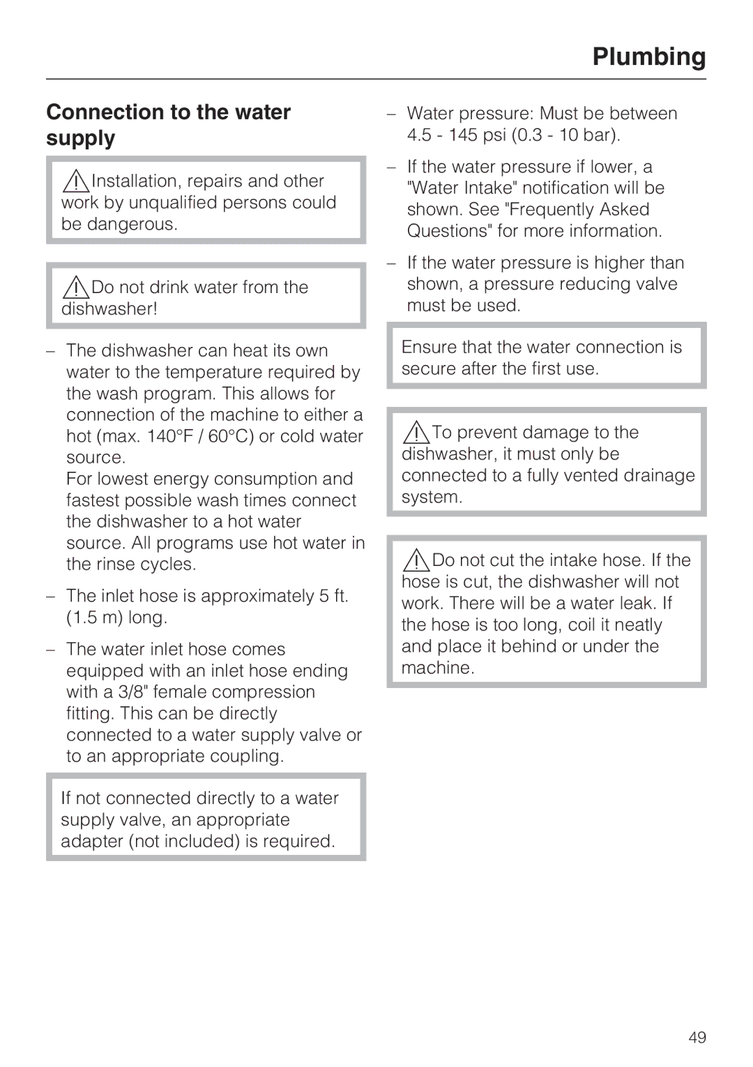 Miele G 4205 operating instructions Plumbing, Connection to the water supply 