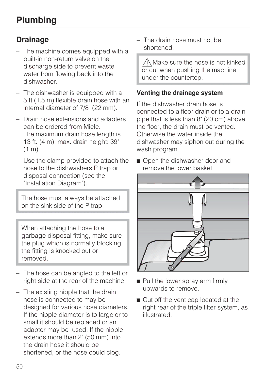 Miele G 4205 operating instructions Drainage, Venting the drainage system 