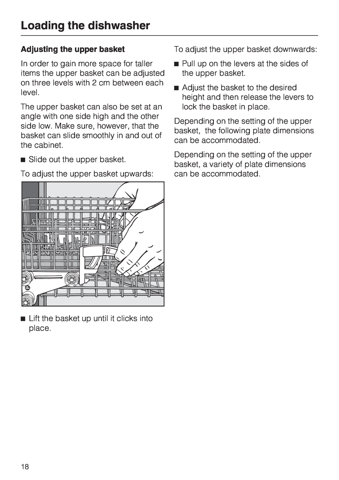 Miele G 4205 operating instructions Loading the dishwasher, Adjusting the upper basket 