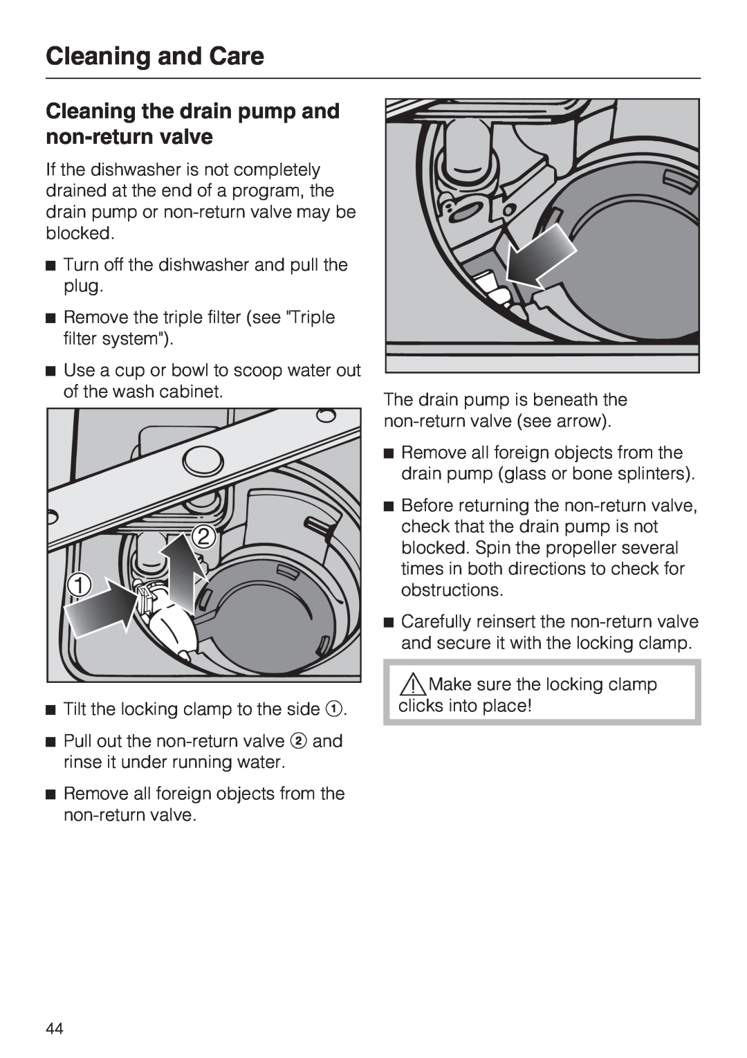 Miele G 4205 operating instructions Cleaning the drain pump and non-returnvalve, Cleaning and Care 