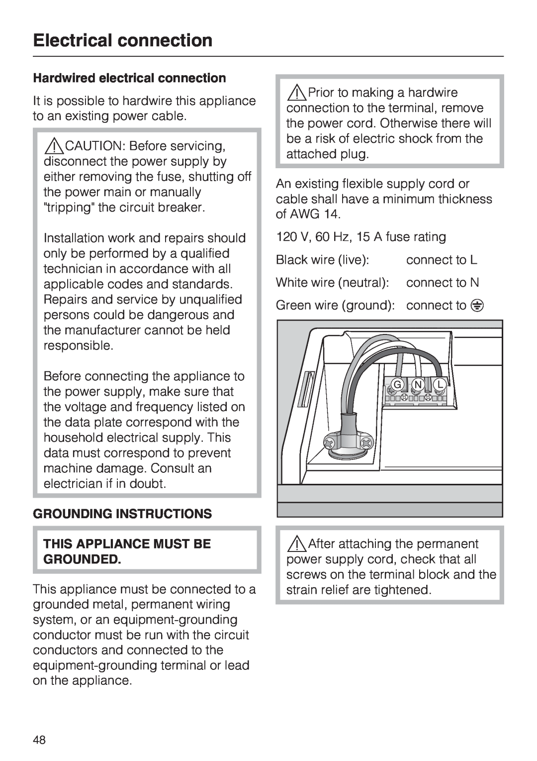 Miele G 4205 operating instructions Electrical connection, Hardwired electrical connection, Grounding Instructions 