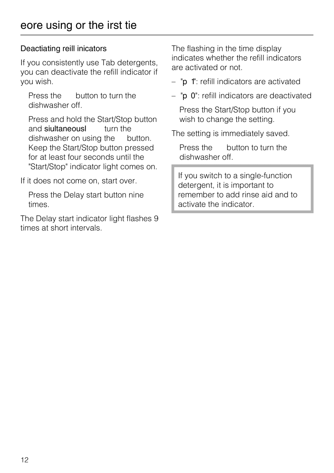 Miele G 4225, G 4220 operating instructions Deactivating refill indicators 