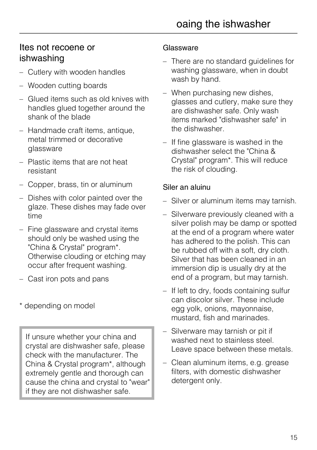 Miele G 4220, G 4225 operating instructions Items not recommended for dishwashing, Glassware, Silver and aluminum 