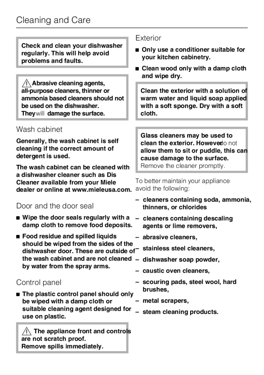 Miele G 4225, G 4220 operating instructions Cleaning and Care, Exterior, Wash cabinet, Door and the door seal 