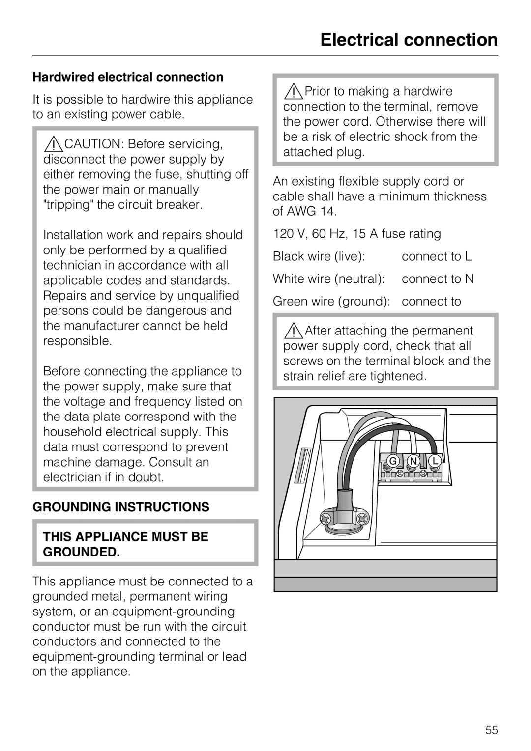 Miele G 4220, G 4225 Hardwired electrical connection, Grounding Instructions This Appliance Must be Grounded 