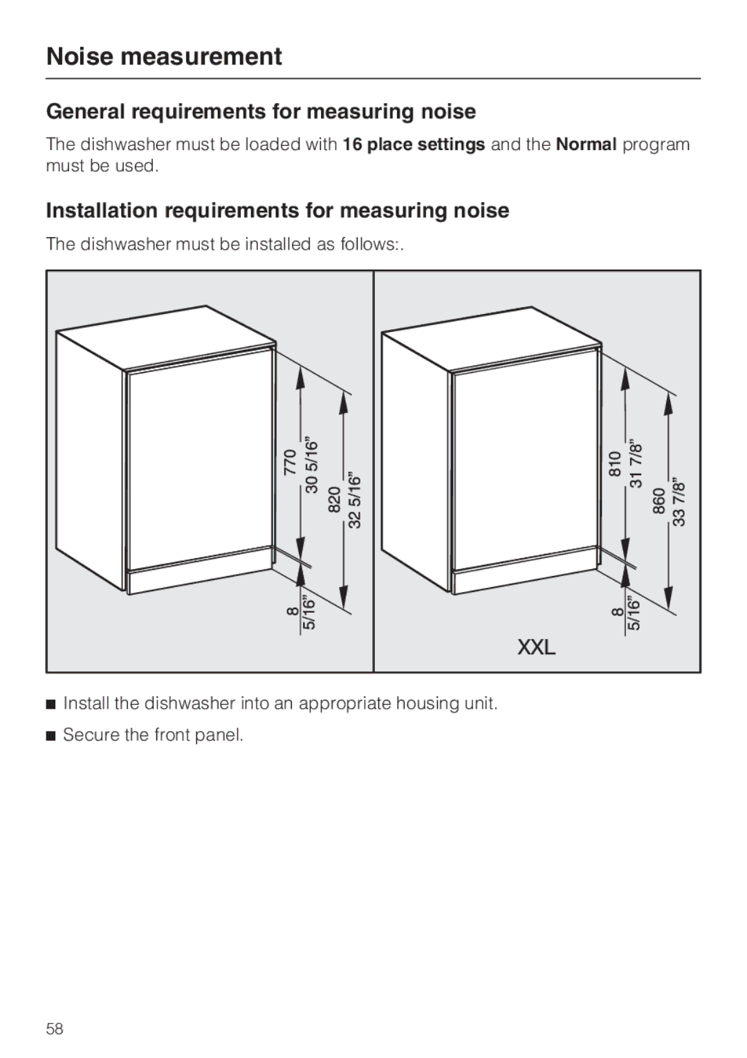 Miele G 4225 Noise measurement, General requirements for measuring noise, Installation requirements for measuring noise 