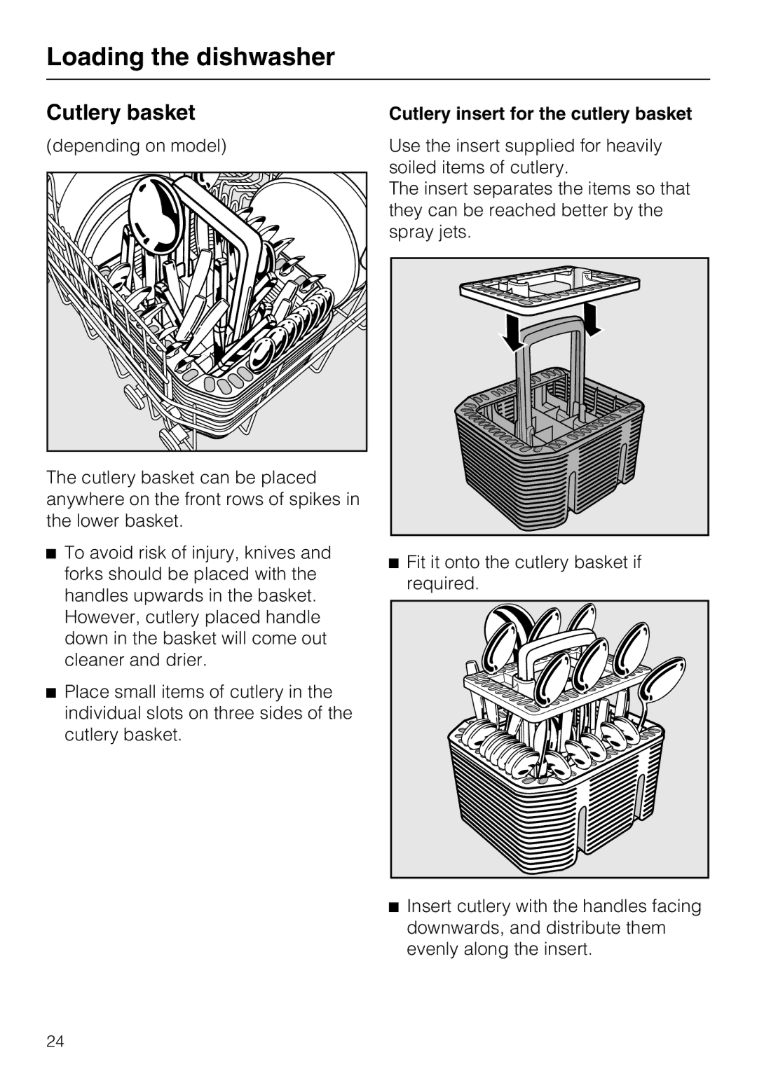 Miele G 4225, G 4220 manual Cutlery basket, Cutlery insert for the cutlery basket 