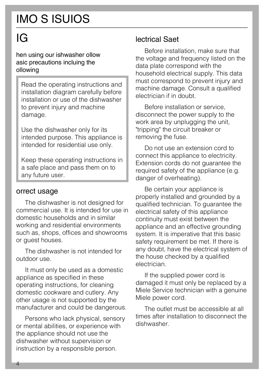 Miele G 4225, G 4220 manual Electrical Safety, Correct usage 