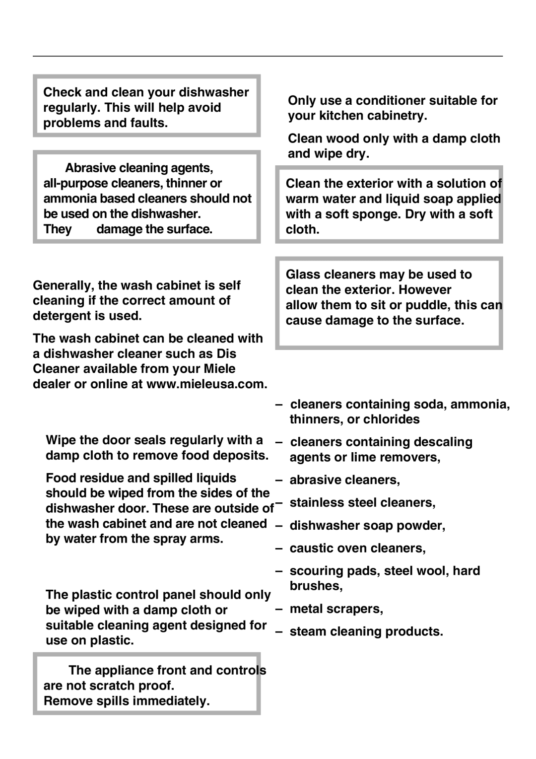 Miele G 4225, G 4220 manual Cleaning and Care, Exterior, Wash cabinet, Door and the door seal 