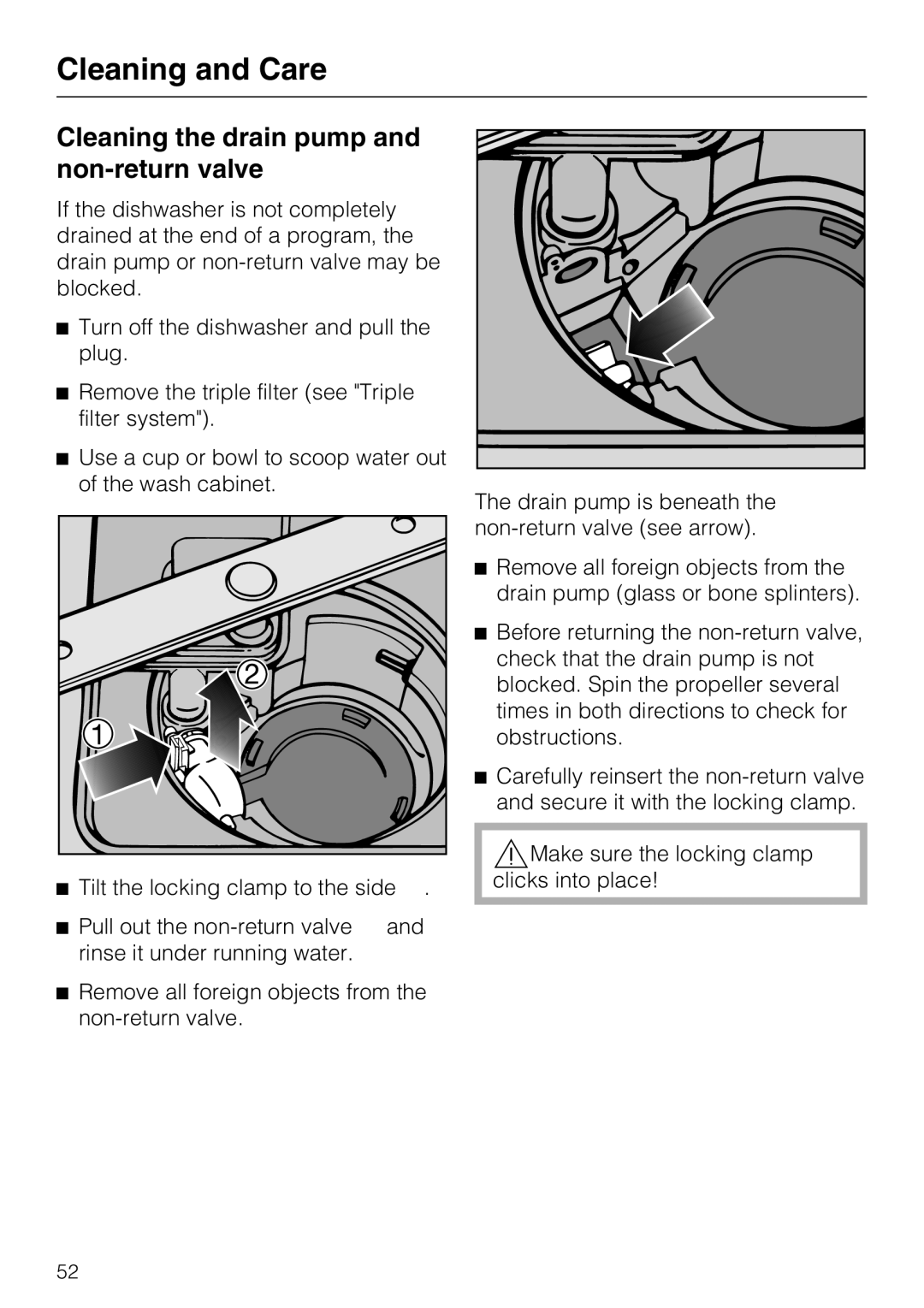 Miele G 4225, G 4220 manual Cleaning the drain pump and non-return valve 