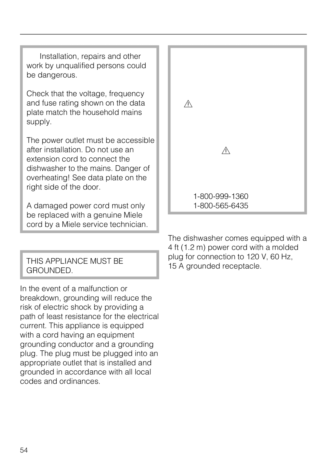 Miele G 4225, G 4220 manual Electrical connection, Grounding Instructions 