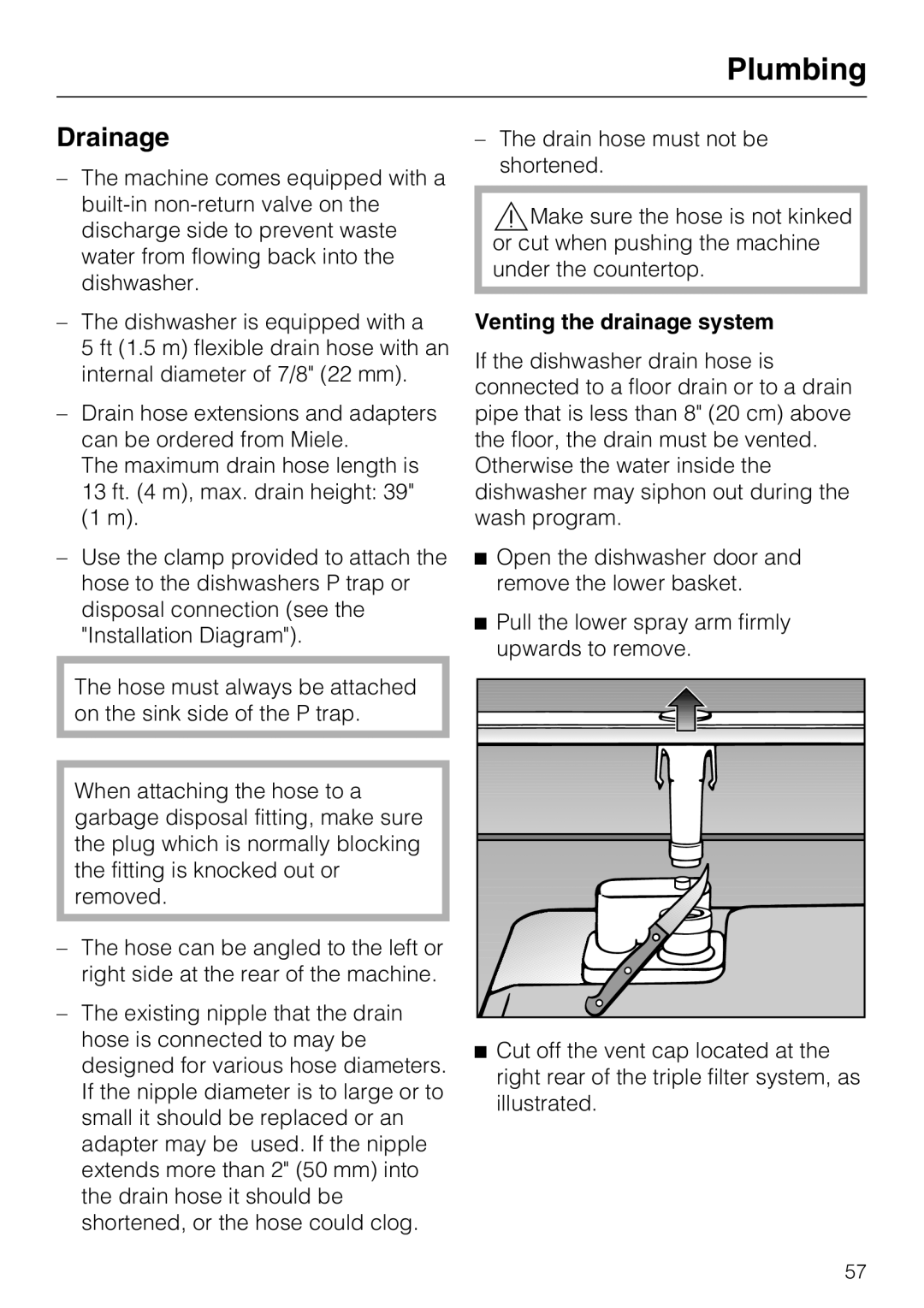 Miele G 4220, G 4225 manual Drainage, Venting the drainage system 