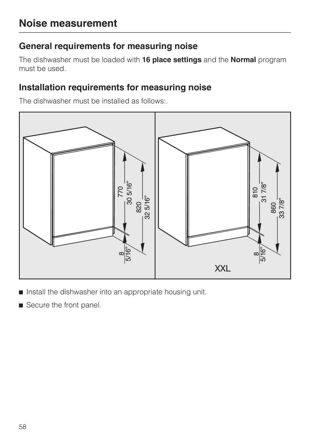 Miele G 4225 Noise measurement, General requirements for measuring noise, Installation requirements for measuring noise 