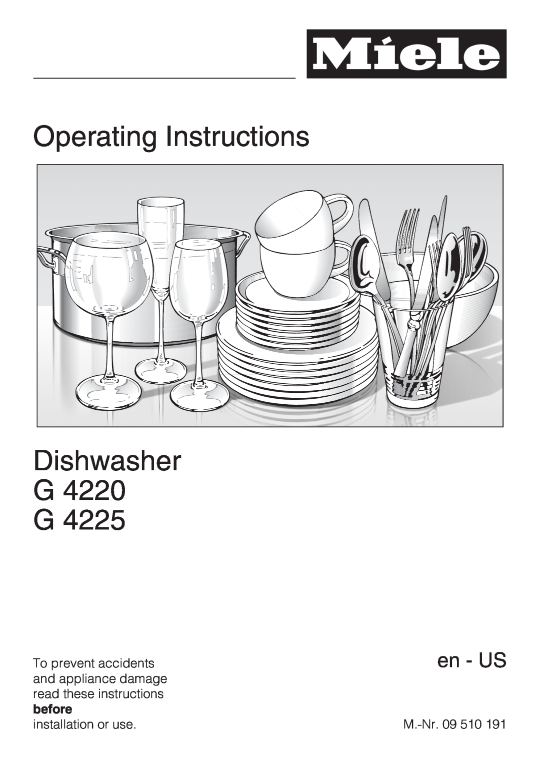Miele G 4220, G 4225 manual Operating Instructions Dishwasher G4220 G, en - US 