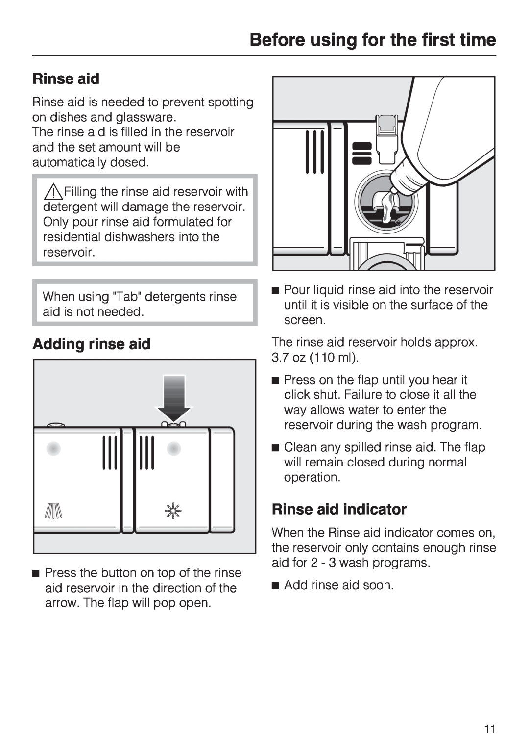 Miele G 4220, G 4225 manual Adding rinse aid, Rinse aid indicator, Before using for the first time 
