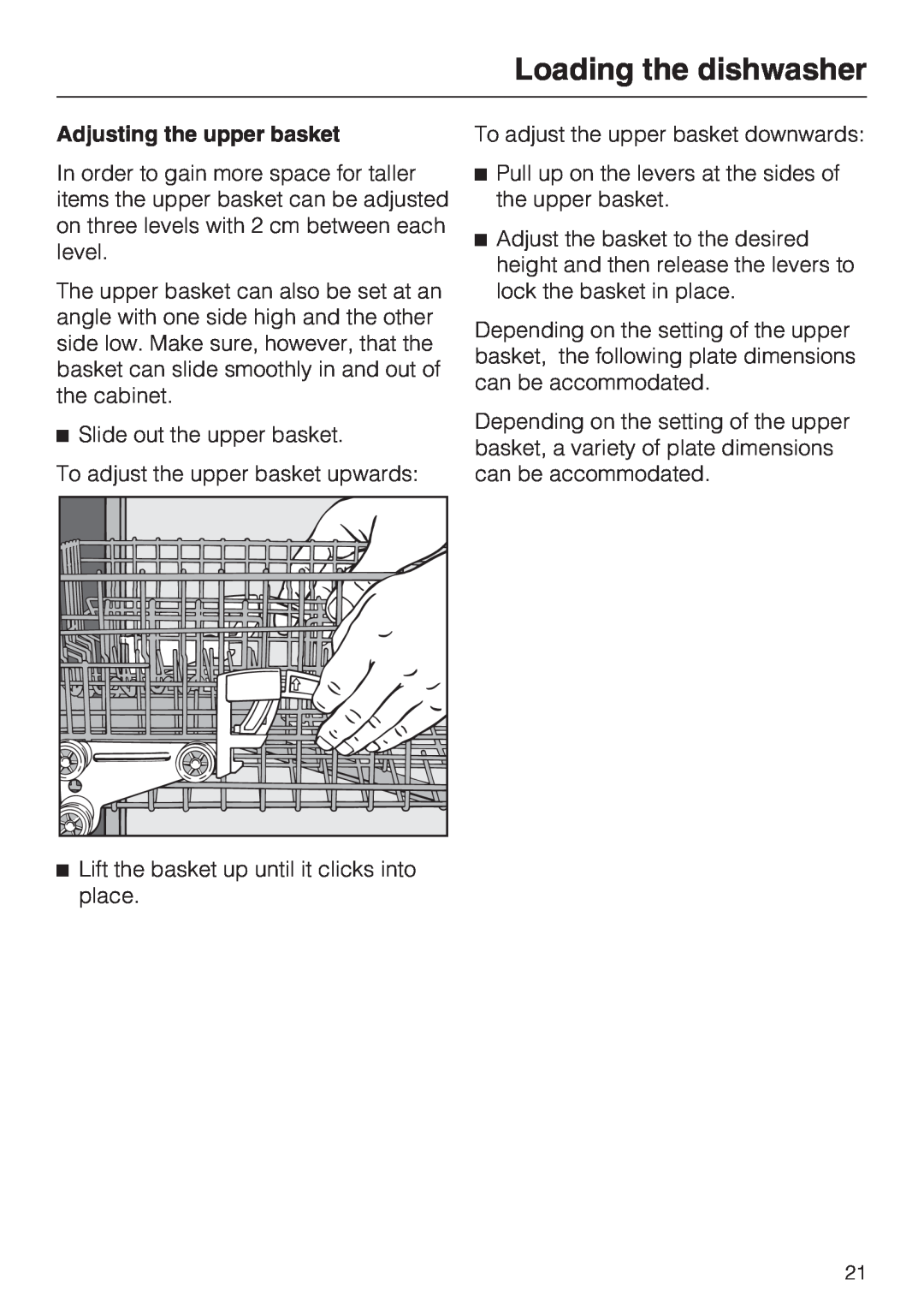 Miele G 4220, G 4225 manual Loading the dishwasher, Adjusting the upper basket 
