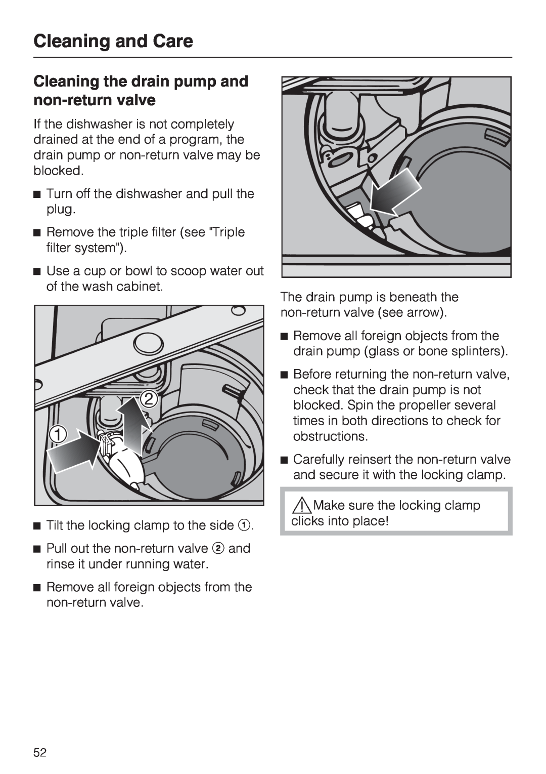Miele G 4225, G 4220 manual Cleaning the drain pump and non-returnvalve, Cleaning and Care 