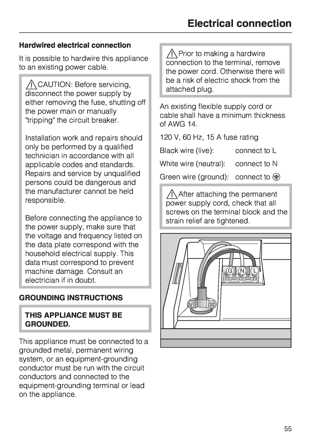 Miele G 4220, G 4225 manual Electrical connection, Hardwired electrical connection, Grounding Instructions 