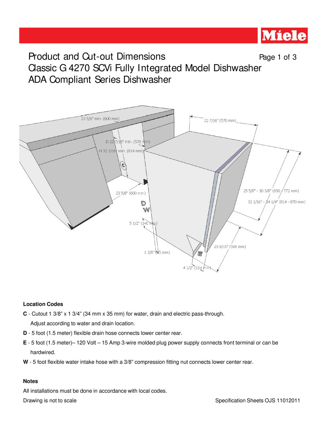 Miele G 4270 SCVI dimensions ADA Compliant Series Dishwasher, Location Codes 
