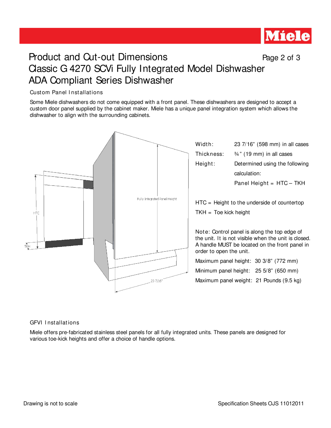 Miele G 4270 SCVI dimensions ADA Compliant Series Dishwasher, Custom Panel Installations, Panel Height = HTC - TKH 