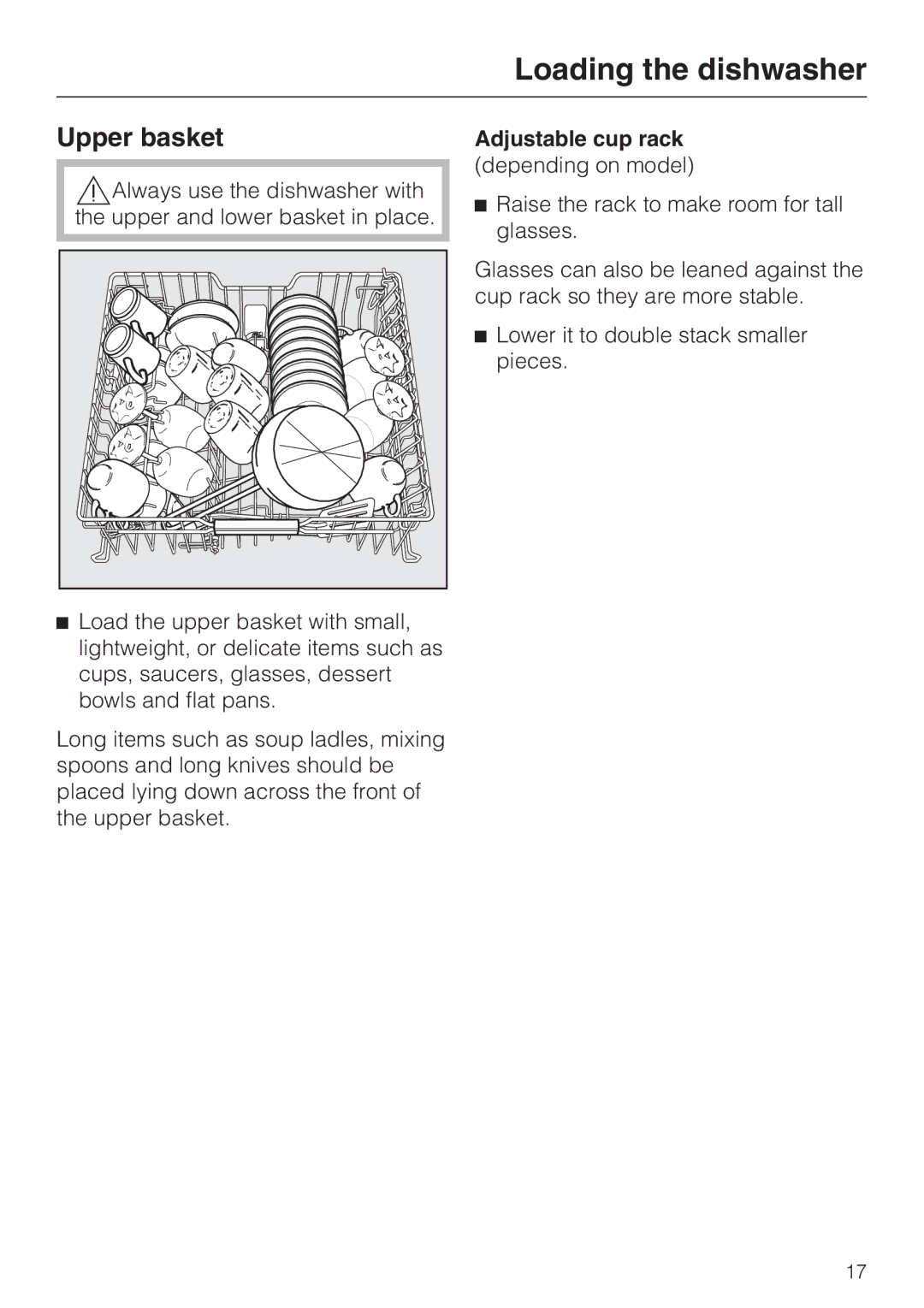 Miele G 4270, G 4275 manual Upper basket, Adjustable cup rack 