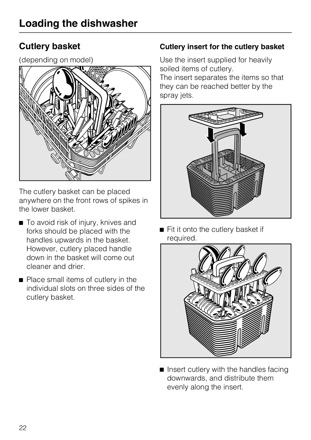 Miele G 4275, G 4270 manual Cutlery basket, Cutlery insert for the cutlery basket 