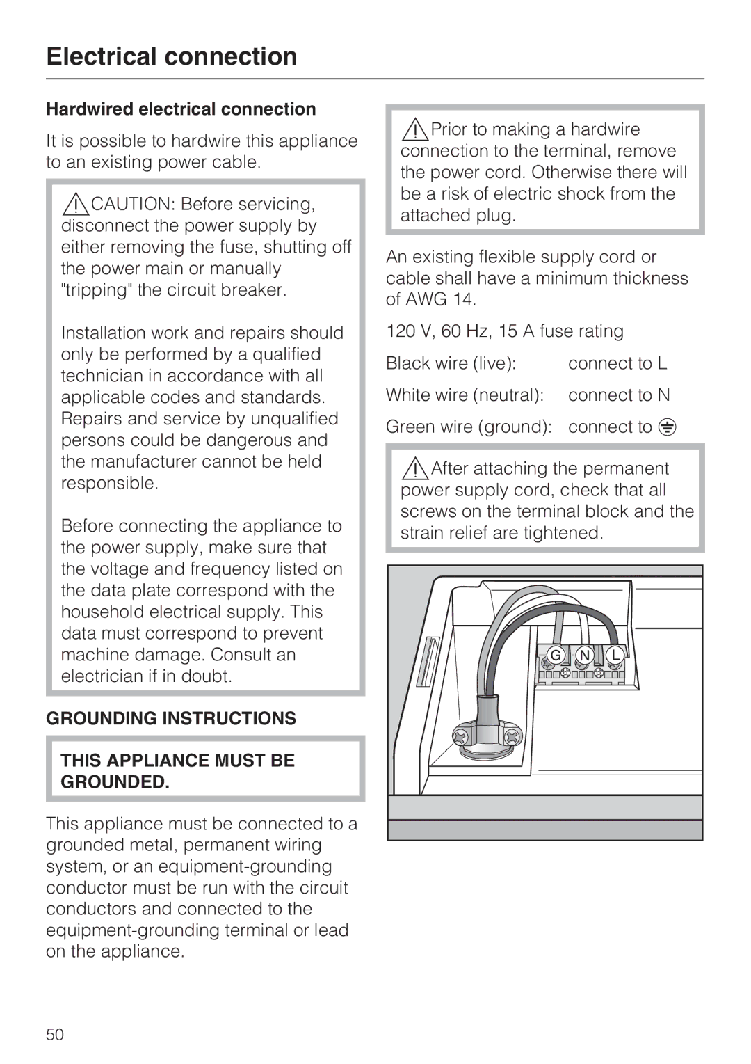 Miele G 4275, G 4270 manual Hardwired electrical connection, Grounding Instructions This Appliance Must be Grounded 