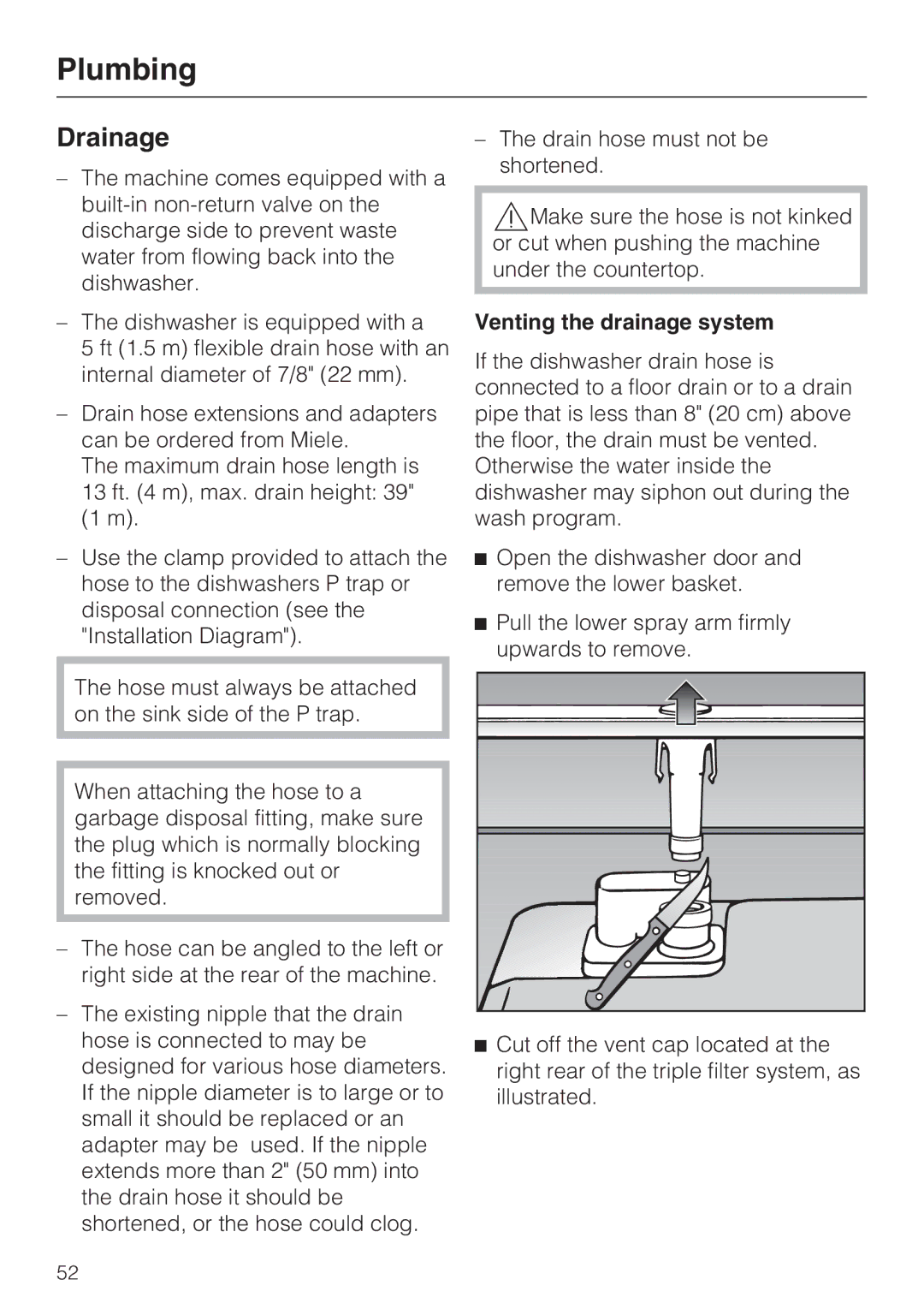 Miele G 4275, G 4270 manual Drainage, Venting the drainage system 