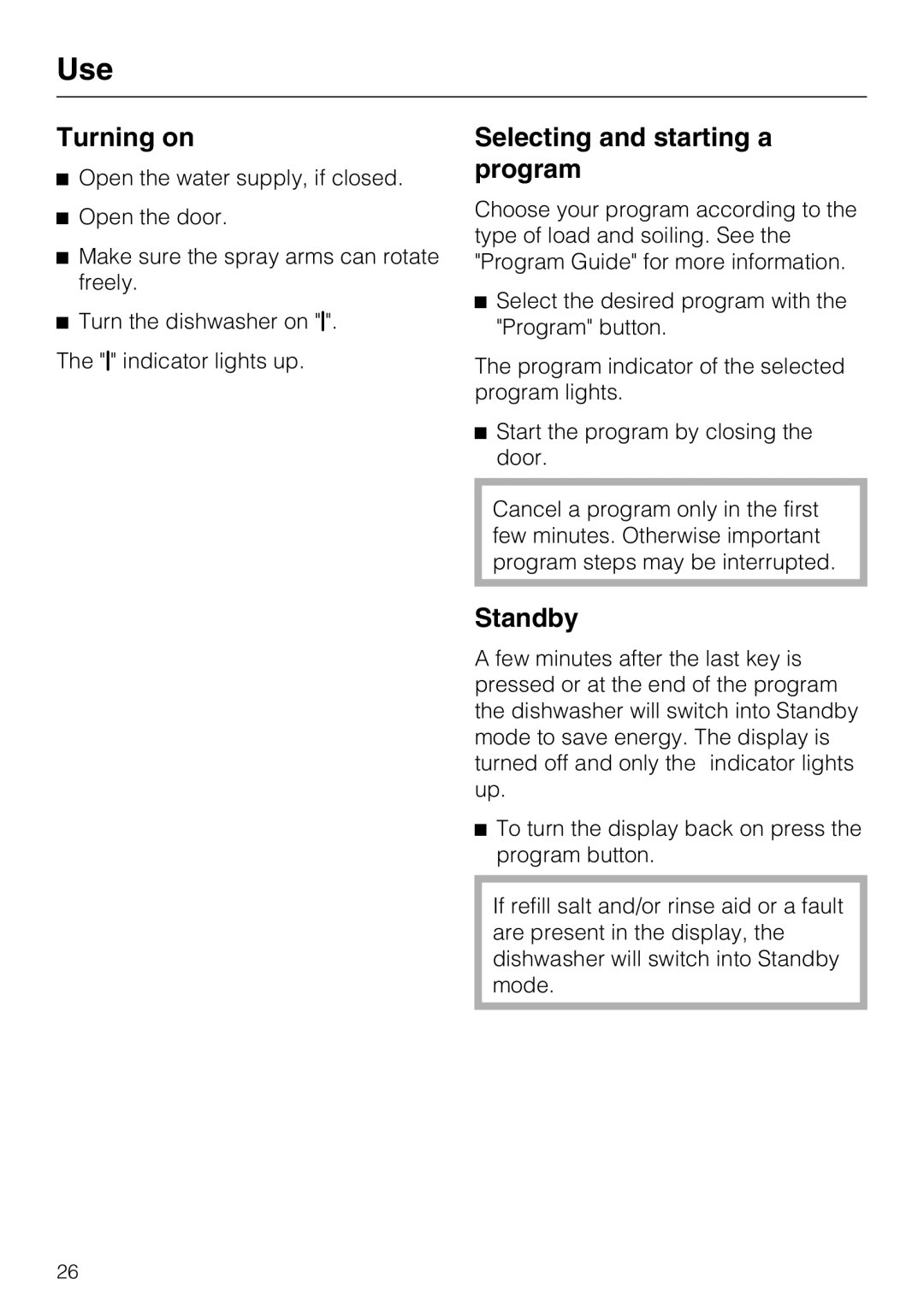 Miele G 4275, G 4270 manual Turning on, Selecting and starting a program, Standby 
