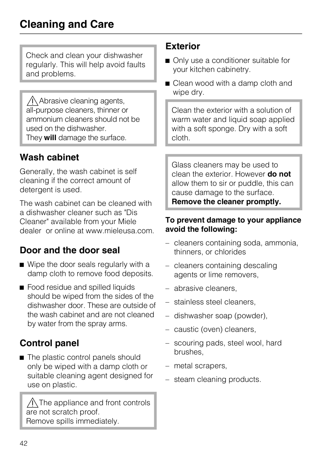 Miele G 4275, G 4270 manual Cleaning and Care, Exterior, Wash cabinet, Door and the door seal 