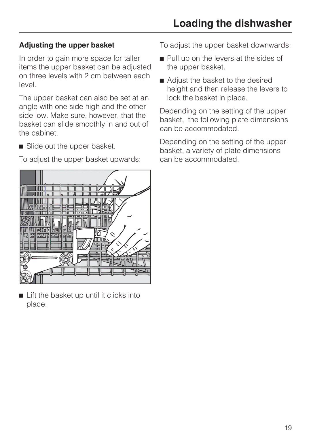 Miele G 4286, G 4281 manual Adjusting the upper basket 