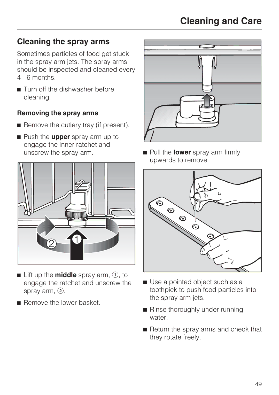 Miele G 4286, G 4281 manual Cleaning the spray arms, Removing the spray arms 