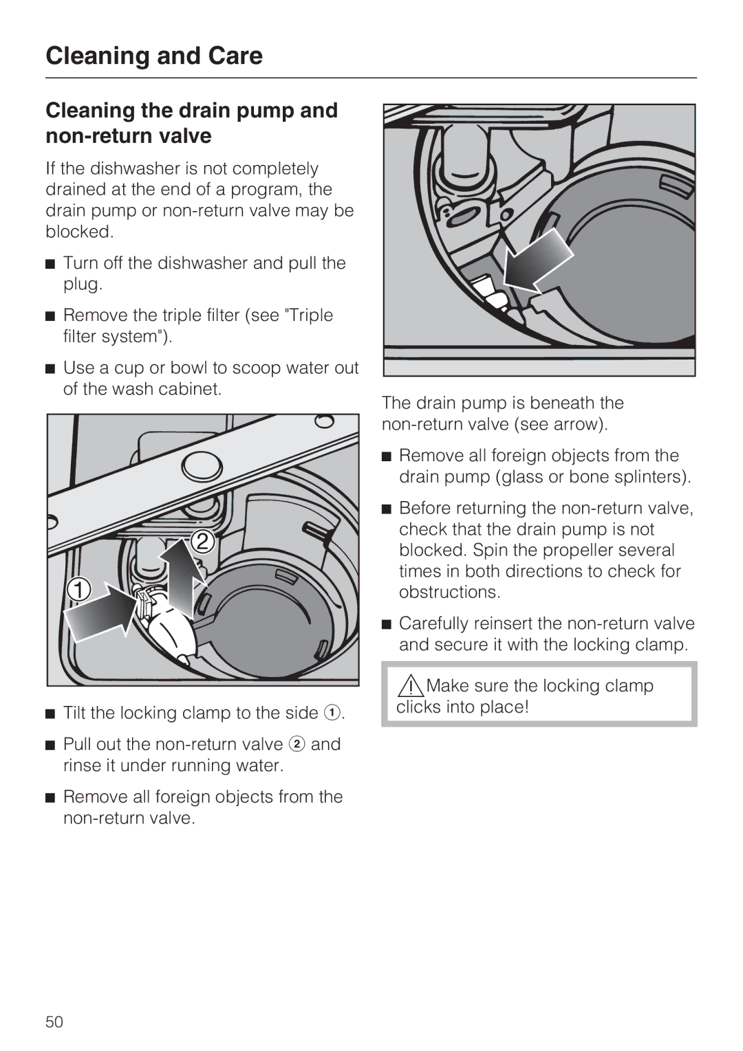 Miele G 4281, G 4286 manual Cleaning the drain pump and non-return valve 