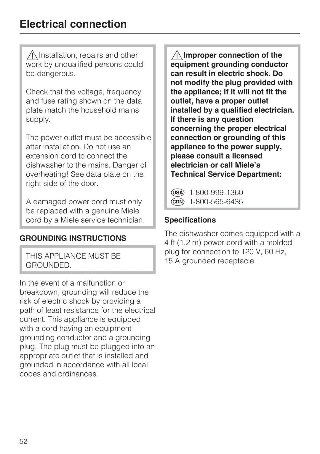 Miele G 4281, G 4286 manual Electrical connection, Grounding Instructions 