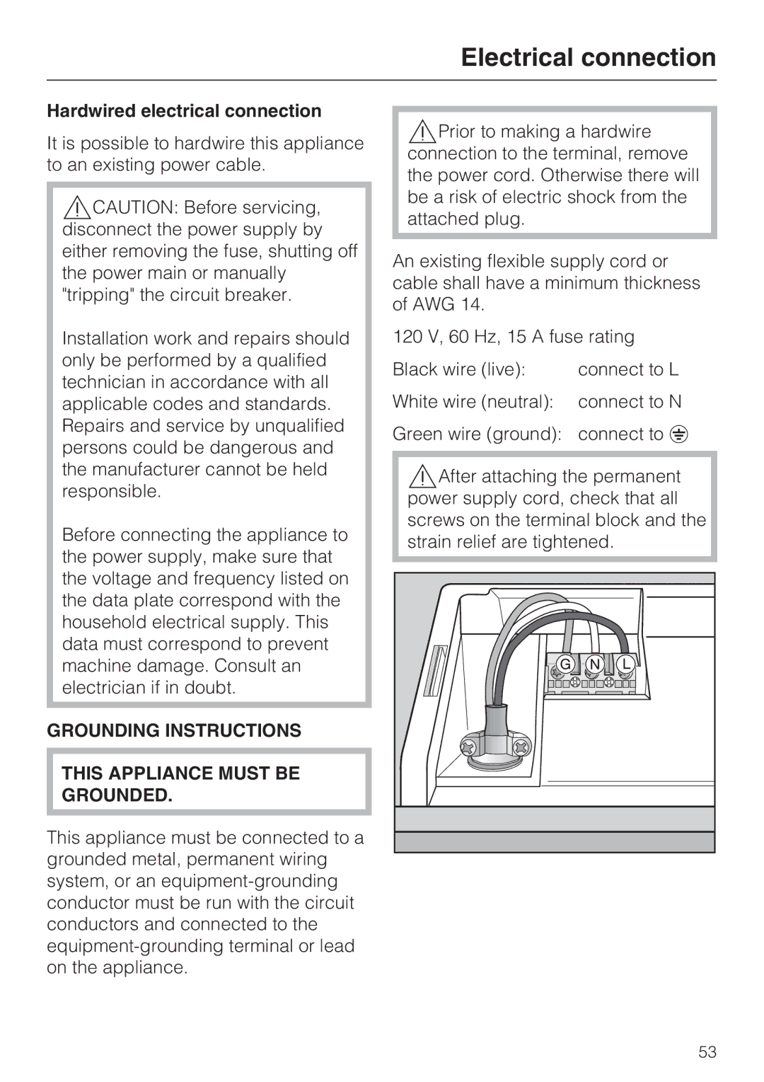 Miele G 4286, G 4281 manual Hardwired electrical connection, Grounding Instructions This Appliance Must be Grounded 