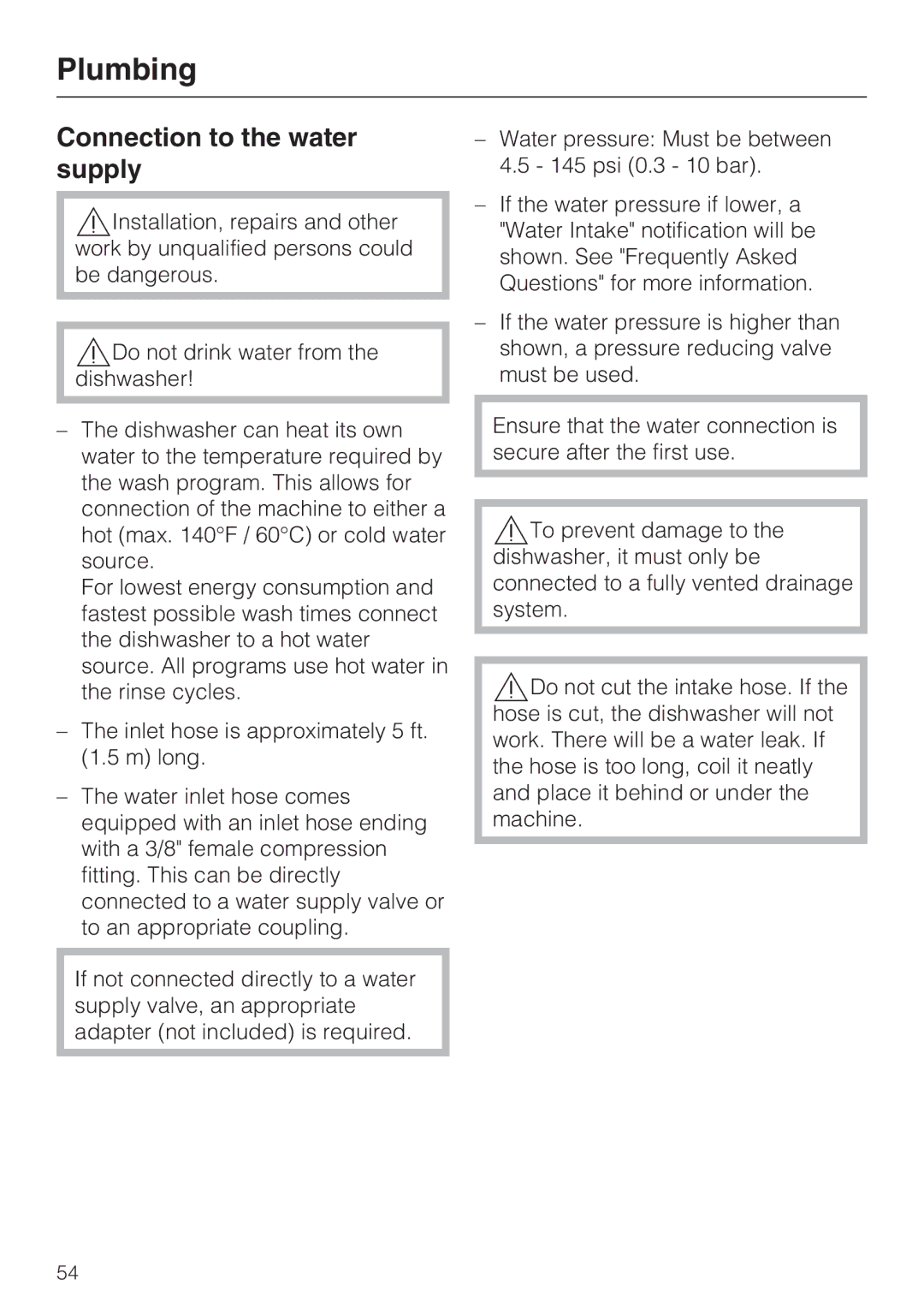 Miele G 4281, G 4286 manual Plumbing, Connection to the water supply 