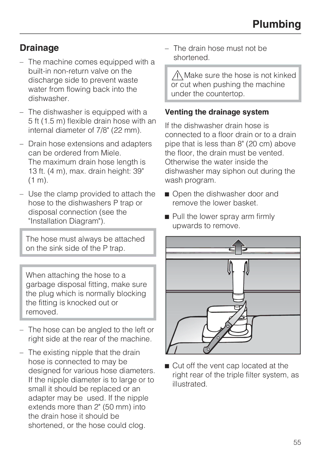 Miele G 4286, G 4281 manual Drainage, Venting the drainage system 