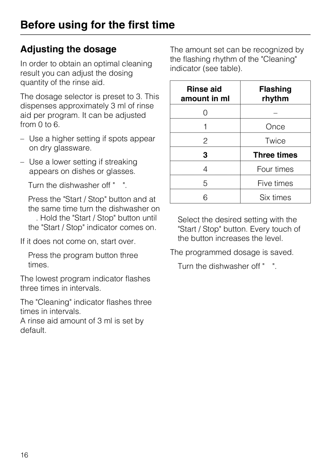 Miele G 4500 manual Adjusting the dosage, Rinse aid Flashing, Rhythm 