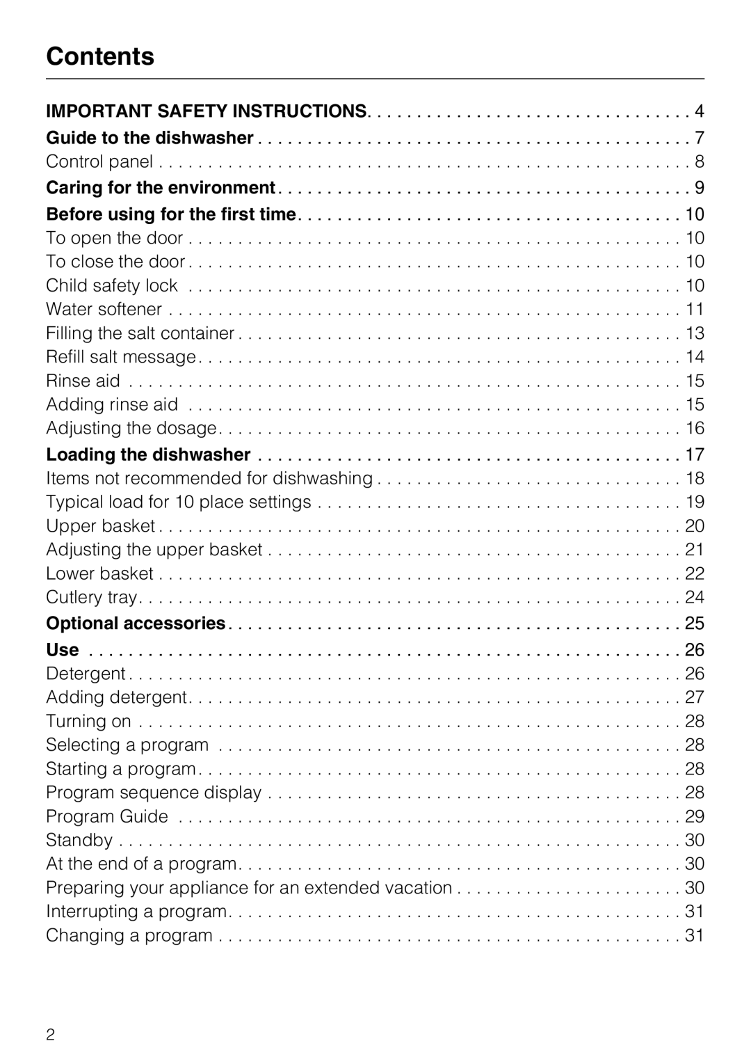 Miele G 4500 manual Contents 