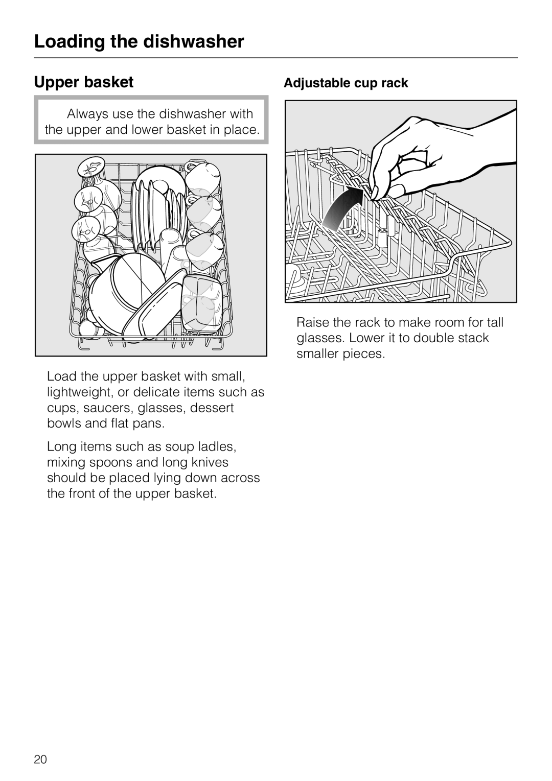 Miele G 4500 manual Upper basket, Adjustable cup rack 