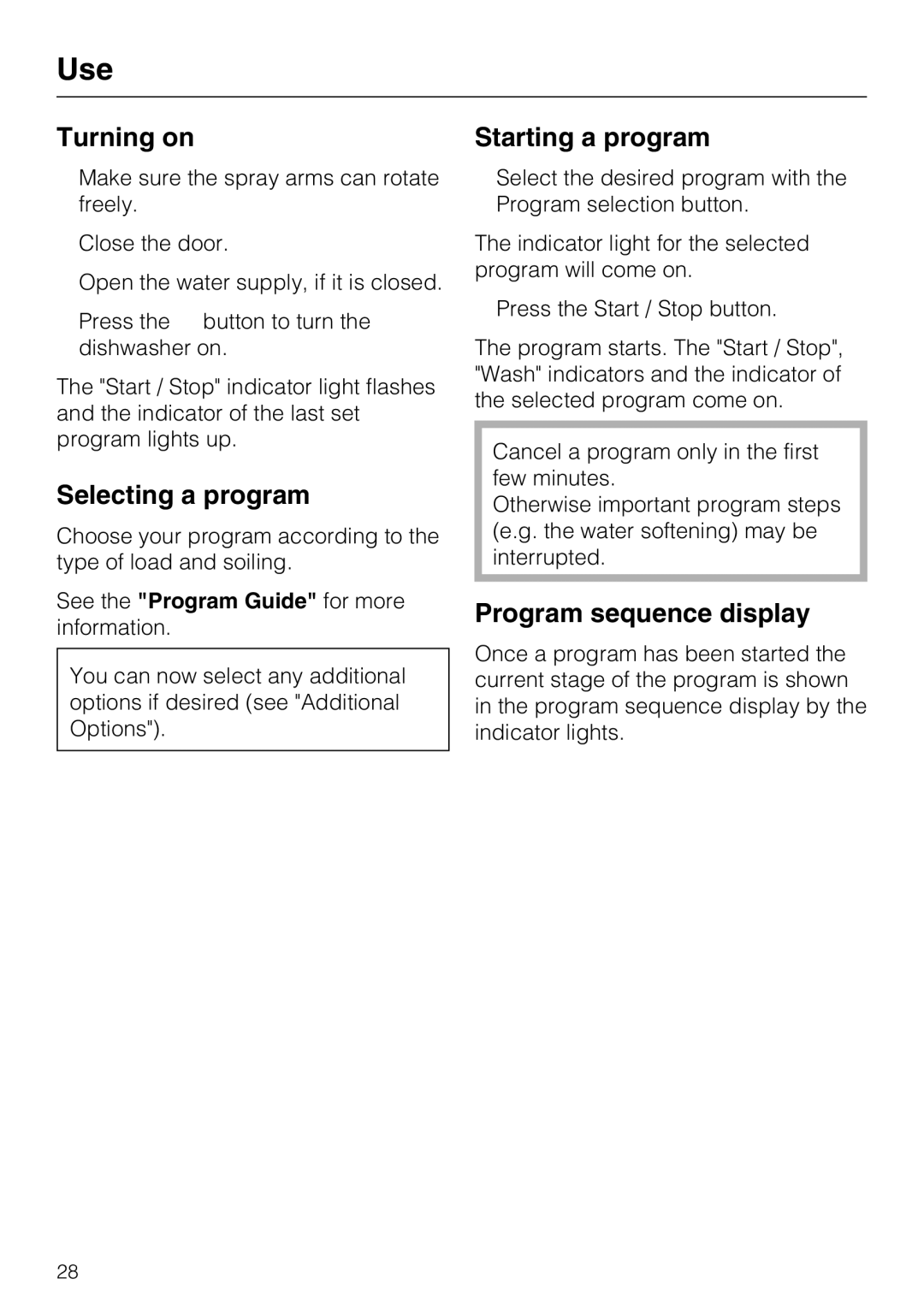 Miele G 4500 manual Turning on, Selecting a program, Starting a program, Program sequence display 