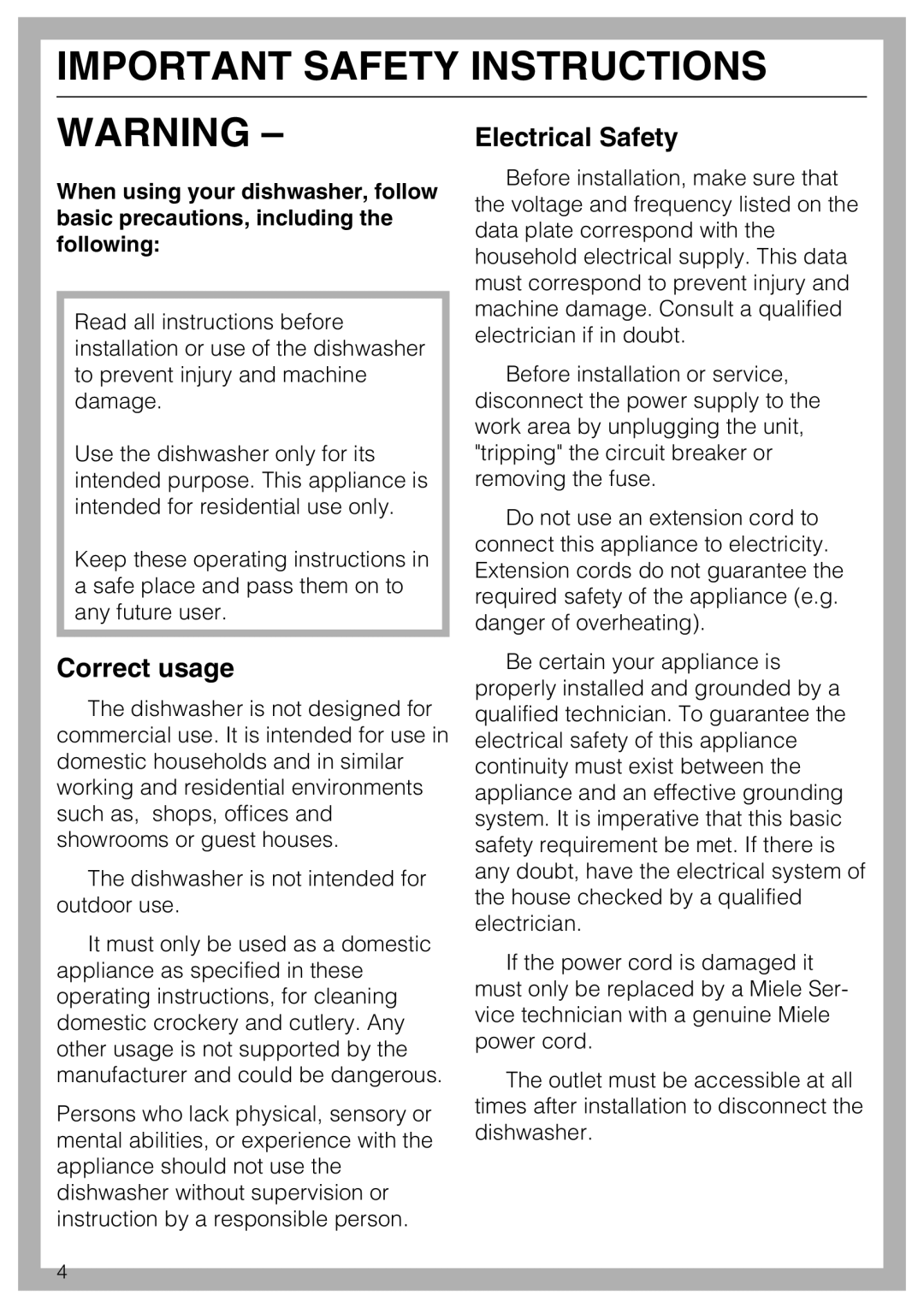 Miele G 4500 manual Electrical Safety, Correct usage 