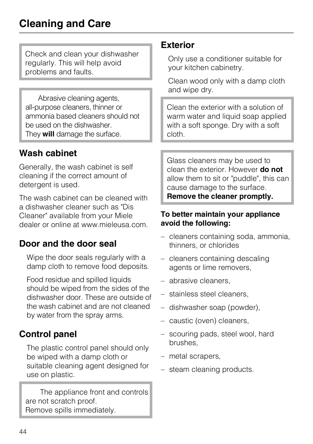 Miele G 4500 manual Cleaning and Care, Exterior, Wash cabinet, Door and the door seal 