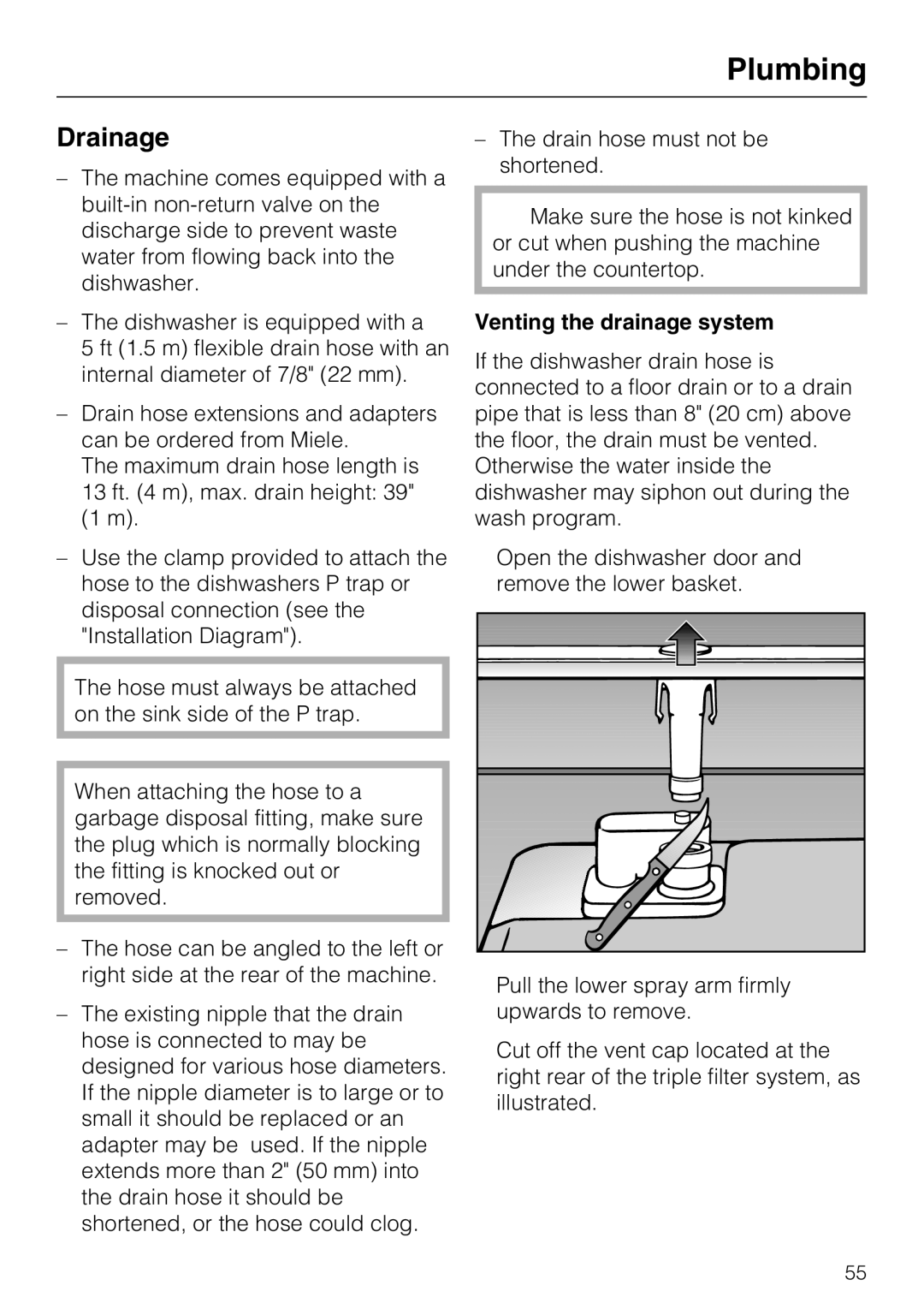 Miele G 4500 manual Drainage, Venting the drainage system 