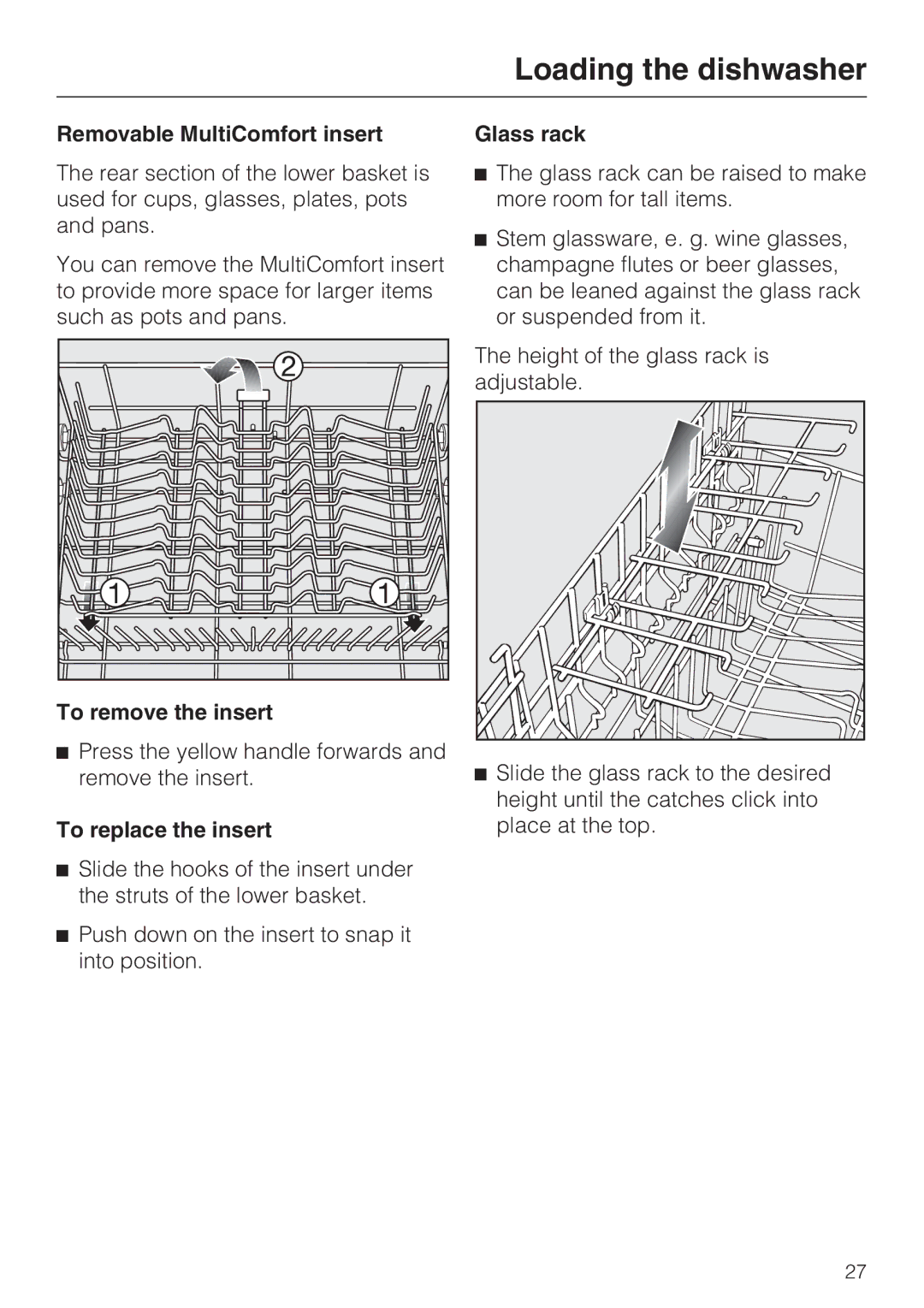 Miele G 5105, G 5100 manual Removable MultiComfort insert, To remove the insert, To replace the insert, Glass rack 