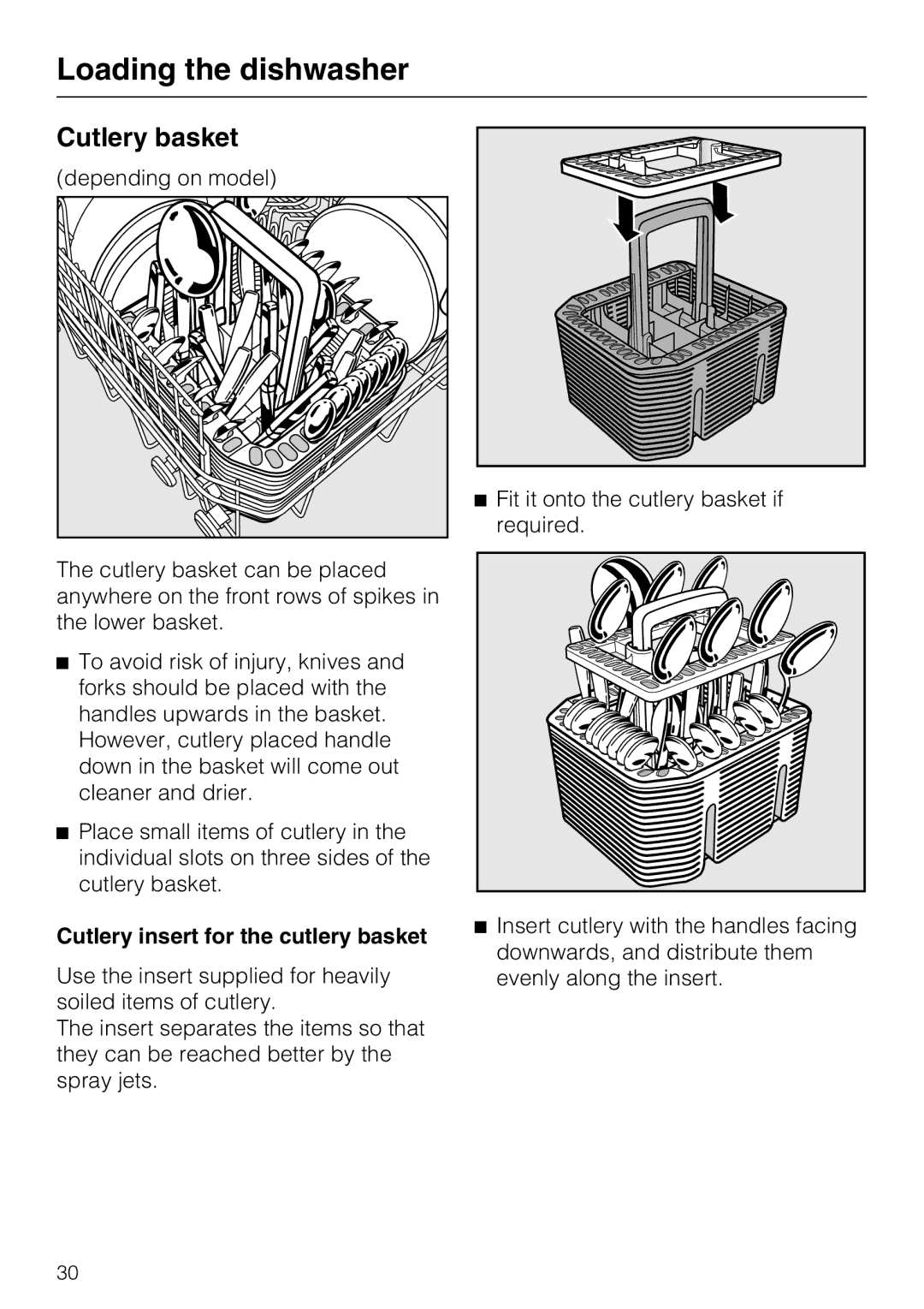 Miele G 5100, G 5105 manual Cutlery basket, Cutlery insert for the cutlery basket 
