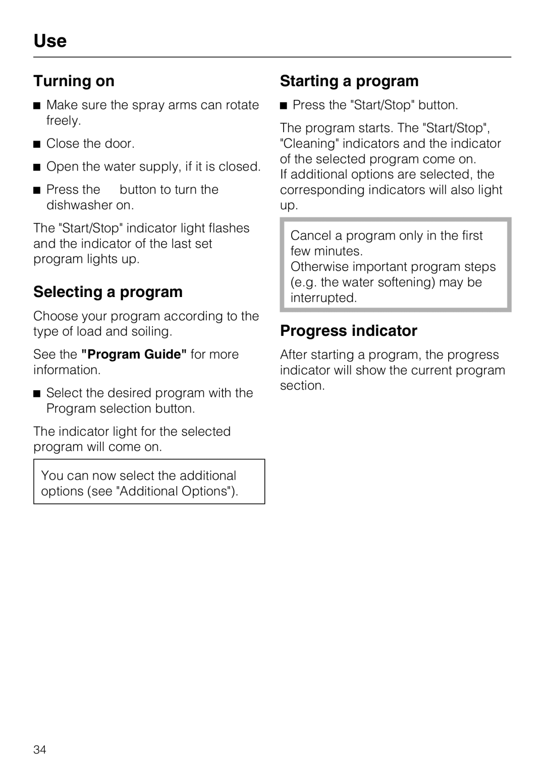 Miele G 5100, G 5105 manual Turning on, Selecting a program, Starting a program, Progress indicator 