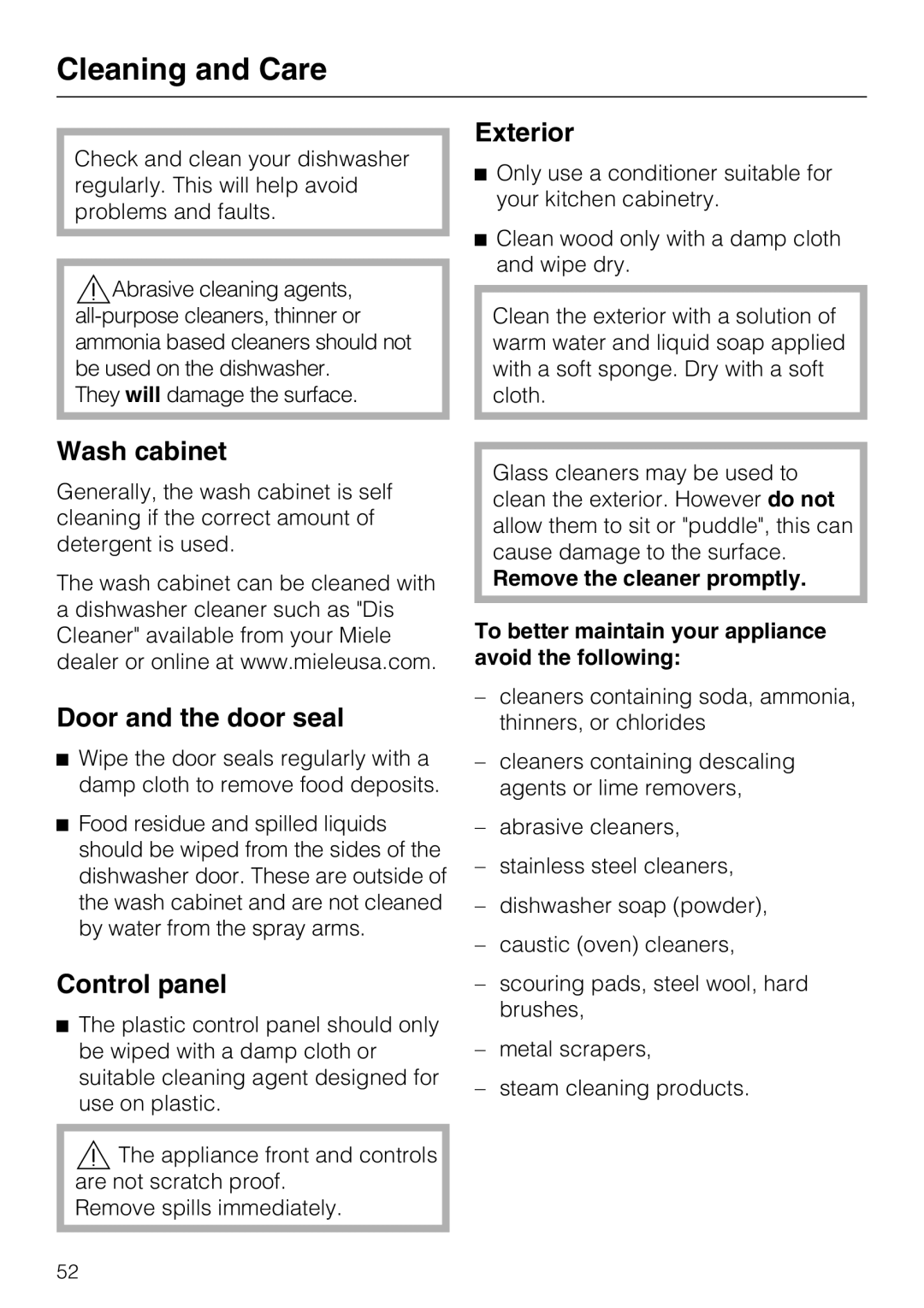 Miele G 5100, G 5105 manual Cleaning and Care, Exterior, Wash cabinet, Door and the door seal 